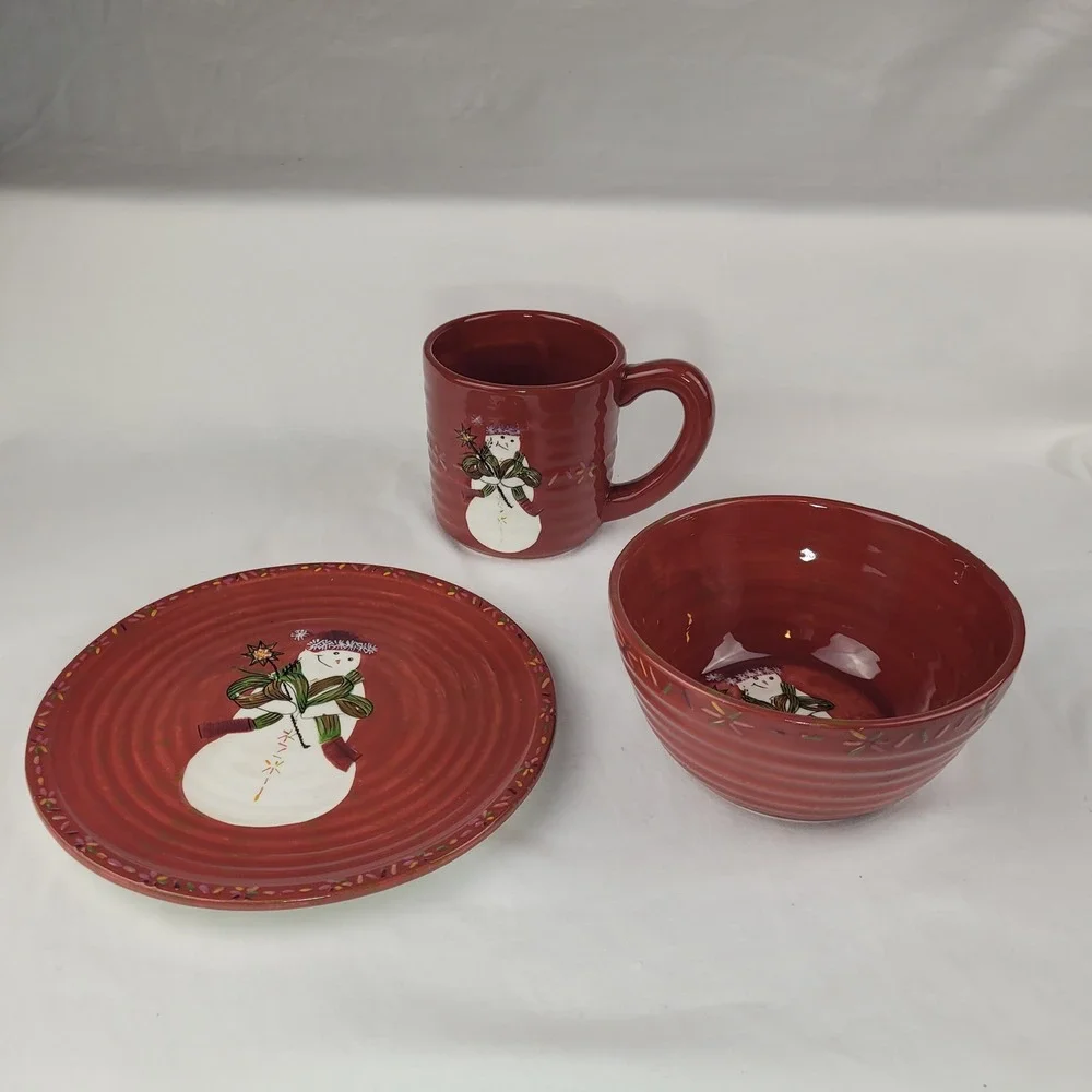 Tracy Porter Jingle Bell Snowman Red 3pc Set Plate Bowl Mug Christmas Ceramic